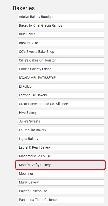 The Guide to Texas Bakeries list, with Marie's Crafty Cakery circled in red between Mademoiselle Louise and Mochinut