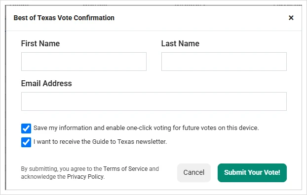 The Best of Texas vote confirmation form, with First Name, Last Name, and Email Address fields above a green Submit Your Vote! button