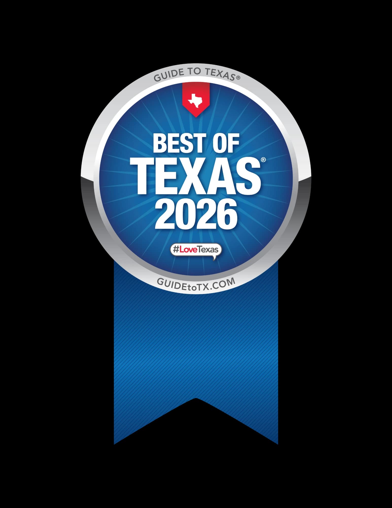 Best of Texas 2026 award ribbon from Guide to Texas