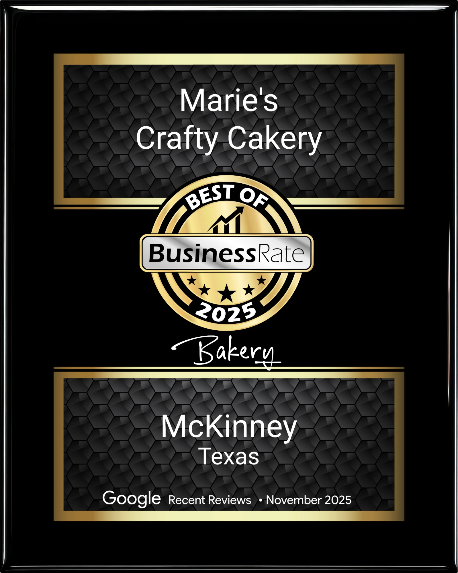 BusinessRate Best of 2025 plaque for Marie's Crafty Cakery, Bakery, McKinney, Texas