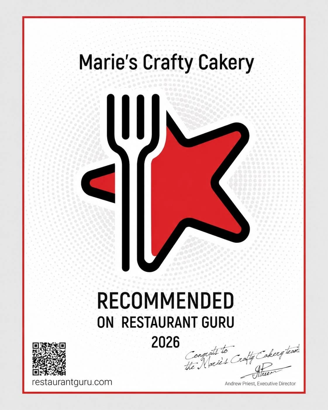 Restaurant Guru Recommended 2026 certificate for Marie's Crafty Cakery